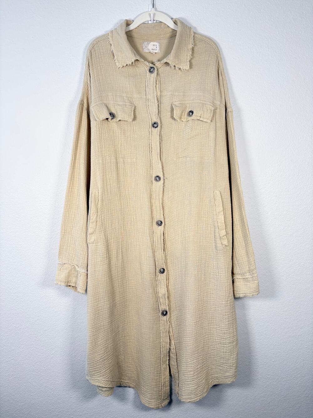 Oli & Hali Boho Natural Sage Green Gauze Cotton Button Front Duster Shirt Dress